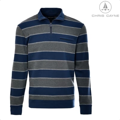 Chris Cayne sweatshirt - M - gestreept - Trui - donkerblauw/groen - schipperskraag - jersey - borstzak - lange mouwen