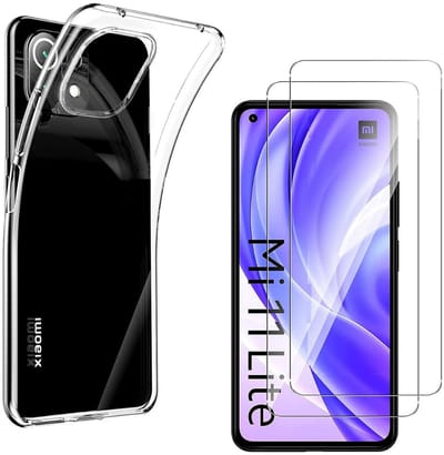 Hoesje Ultraslank geschikt voor Xiaomi mi 11 Lite backcover siliconen Transparant en 2 stuks ScreenProtector Gehard Glas