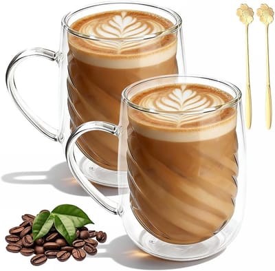 Dubbelwandige Koffieglazen 350 ml - Theeglazen met Handvat en Lepels - Borosilicaatglas voor Cappuccino, Espresso en Thee (Set van 2)