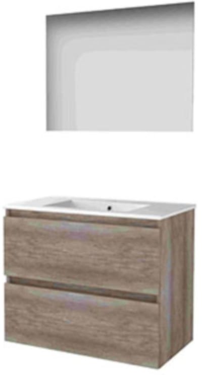 Basic-Line Ultimate 46 Badkamermeubelset - 80 x 46 cm - Greeploos - 2 Lades - Keramische Wastafel - 1 Kraangat - Spiegel met Indirecte LED Verlichting - Scotch Oak