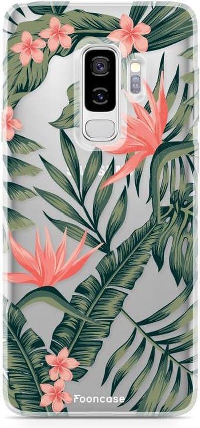 Fooncase Hoesje Geschikt voor Samsung Galaxy S9 Plus - Shockproof Case - Back Cover / Soft Case - Tropical Desire / Bladeren / Roze