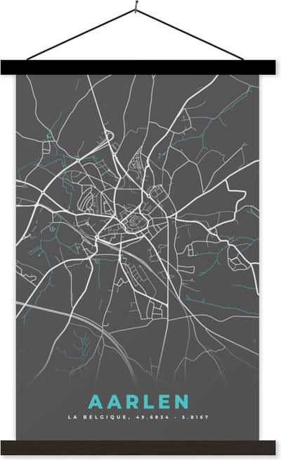 Posterhanger incl. Poster 40x60 cm - Schoolplaat - Plattegrond – Aarlen – Blauw – Stadskaart - Kaart - Textielposter - Zwarte latten - Stadskaart