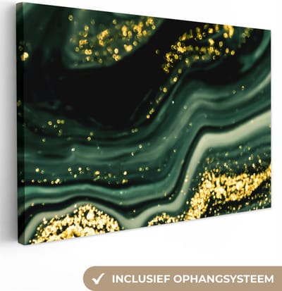 Canvas schilderij 150x100 cm - Wanddecoratie Marmer - Goud - Glitter - Groen - Marmerlook - Luxe - Muurdecoratie woonkamer - Slaapkamer decoratie - Kamer accessoires - Schilderijen op canvas