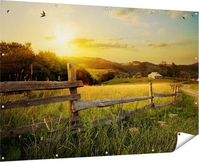 Gards Tuinposter Boerderij Hekken op het Grasveld - 180x120 cm - Tuindoek - Tuindecoratie - Wanddecoratie buiten - Tuinschilderij