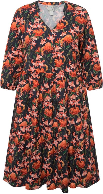 Ulla Popken - Dames - Tuniekjurk magnolia's A-lijn V-hals 3/4-mouwen - Marine - Maat 46+