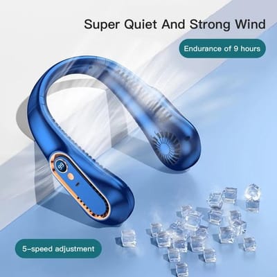 Mini ventilateur de cou, appareil portable silencieux longue durée, chargement USB, écran numérique, 5 vitesses. Essentiel pour les voyages d'été en plein air gris clair