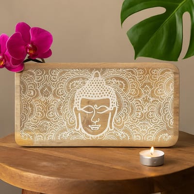 Ancient Wisdom - Decoratieve schaal - Lange schaal 30x15x2,5 cm met boeddha gezicht - interieuraccessoire - woondecoratie - sierobject - tafelaccessoire - cadeau
