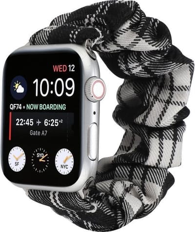 By Qubix - Geschikt voor Apple Watch bandje - Elastisch scrunchie nylon bandje - Zwart / Wit - Geschikt voor Apple Watch 44mm / 45mm / 46mm / 49mm (Ultra 1,2 en 3) - nylon - bandje iWatch