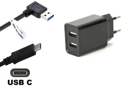 OneOne 2.1A lader met 2 poorten + 0,9m sterke haakse USB C kabel. Oplader adapter past op Universeel Microsoft, LG, Lenovo, Samsung Galaxy, Huawei, Motorola Moto, Xiaomi, Kobo (Rakuten), Sony Xperia, Nokia, Fairphone, Boox, JBL