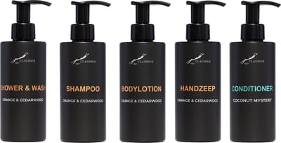 Compleet pakket Sweet Orange & Cedarwood - Shower & Wash + Shampoo + Bodylotion + Handzeep + Coconut Conditioner - 300 ml per fles - complete set van 5 stuks - bodycare - luxe fles - Cadeau