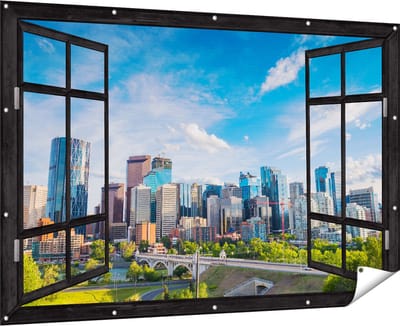 Gards Tuinposter Doorkijk Skyline Calgary Stad in Canada - 180x120 cm - Tuindoek - Tuindecoratie - Wanddecoratie buiten - Tuinschilderij