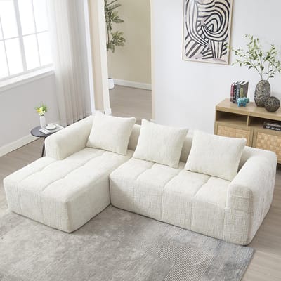 BLACKCOLORS Moderne modulaire bank, L-bank, 3-zitsbank, geen installatie nodig, chenille bank met chaise longue en armleuningen, 3 kussens, zijvak voor afstandsbediening, beige