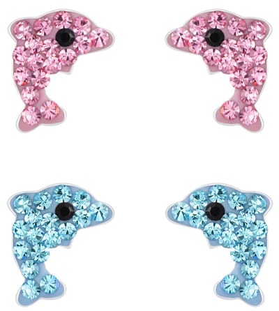Joy|S - Zilveren dolfijn oorbellen - set 2 paar - roze blauw