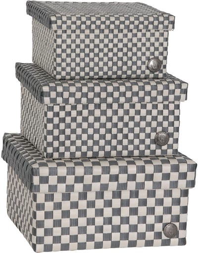 SET van 3 Opbergbox donkergrijs geruit patroon met deksel – stevige kunststof mand – decoratieve opbergdoos voor woonkamer, slaapkamer en kantoor - Handed By Cube Basket Basket size small, medium and large set 3
