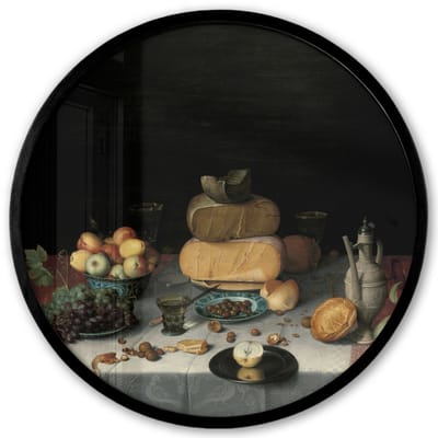 Poster in lijst Rond - Fotolijst 40x40 cm - Posters - Stilleven met kazen - Kunstwerk - Oude meesters - Ronde posterlijst zwart - Decoratie - Wanddecoratie woonkamer - Muurdecoratie slaapkamer
