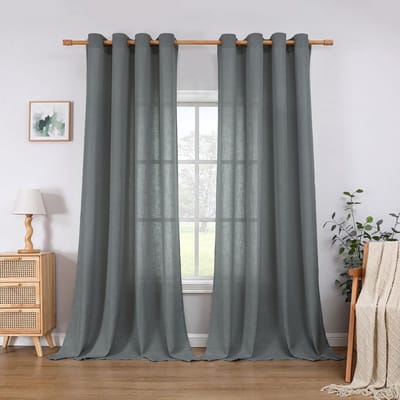 Dailygoods- Linnengordijn met oogjes - Set van 2 - H 225 x B 140 cm - Grijs/blauw - Semi-transparant - Vitrage - Linnenlook - Duurzaam