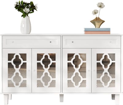 Dressoir - 140x40x83 cm - Spiegel Dressoir Met 4 Spiegelturen - 2 Lades - Verstelbare Legplanken - MDF - Wit