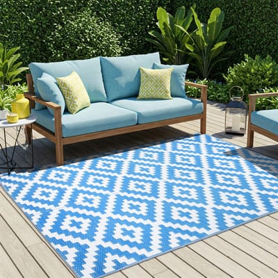 Tapiso Ibiza Buitenkleed Blauw Outdoor Buitenmat Picknick Kleed Maat- 120x180