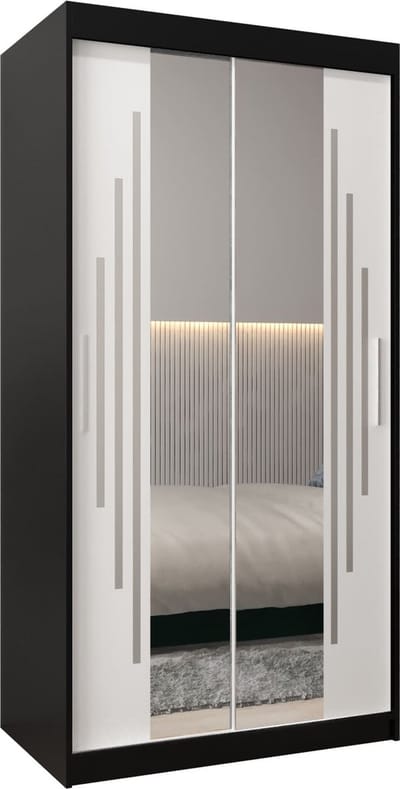 InspireMe - Kledingkast met 2 schuifdeuren, Modern-stijl, Een kledingkast met planken en een spiegel (BxHxD): 100x200x62 - MALTESE I 100 Zwart Mat + Wit Mat