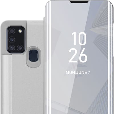 Cadorabo Hoesje geschikt voor Samsung Galaxy A21s in AGAAT ZILVER - Clear View Spiegel Beschermende Case met Tribunefunctie 360 Graden Bescherming Book Case Cover Etui