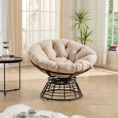 REDOM - Papasanstoel - 360° Draaibaar - Ergonomisch - Modern - Voor Woonkamer Of Slaapkamer - Staal En PE-Rotan - Bruin En Beige