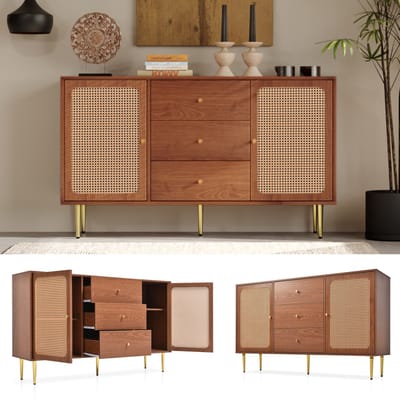 Commode met 2 deuren en 3 laden, rotan deurkast met lade, verstelbare plank, voor woonkamer en slaapkamer, walnoot - H90/B150/D40 cm