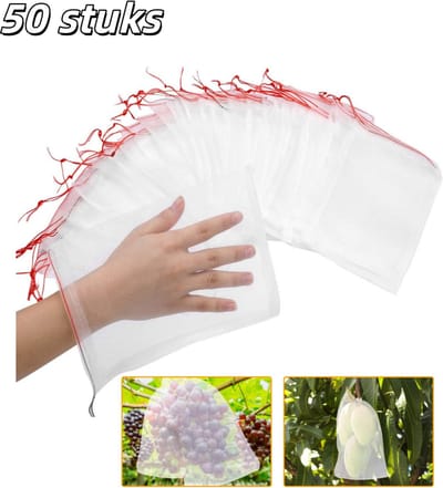50 stuks - Plantenbeschermingshoezen - Beschermnet voor fruit - Met trekkoord - Insectenwerende zakken - Nylon netzakken - Beschermt tegen fruitvliegen en vogels - Beschermende barrière voor tuinfruit - 25*15 cm - Wit