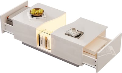 MODFU Salontafel 100 × 50 × 35 cm van MDF, wit hoogglans met hol ontwerp en acrylplaat, LED-verlichting