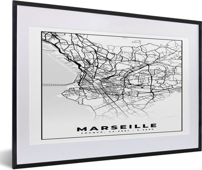 Fotolijst incl. Poster Zwart Wit- Marseille - Kaart - Stadskaart - Frankrijk - Plattegrond - Zwart wit - 60x40 cm - Posterlijst