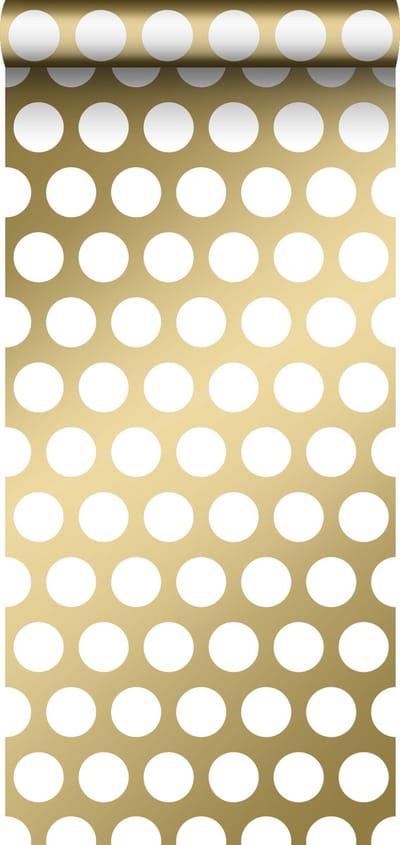ESTAhome behang grote stippen glanzend goud en wit - 53 cm x 10.05 m - 139116
