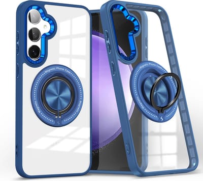 Magsafe Hoesje Geschikt voor Samsung Galaxy A55 / A35 hoesje Transparant Blauw - Met kickstand Draaibare Ring Houder