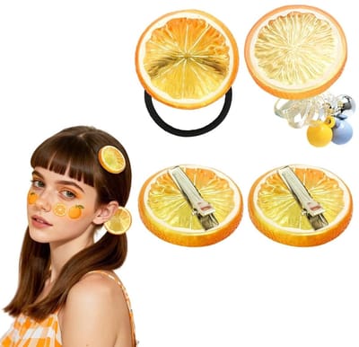 Dailygoods - 2 oranje haarspelden voor dames + 2 haarelastiekjes in de vorm van sinaasappelschijf, mooi fruitaccessoire voor een carnavalsfeest.