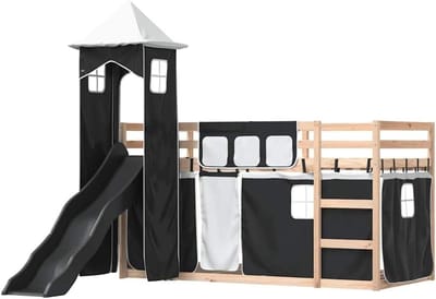 Stapelbed met Glijbaan - Kinderbed met Glijbaan - Spelen en Slapen - Massief Grenenhout - 80x200 cm - Wit en Zwart