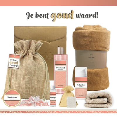 Geschenkset “Je bent goud waard!” - 8 producten - 1070 gram | Luxe Cadeaubox voor haar - Wellness Pakket Vrouw - Giftset Vriendin - Moeder - Cadeaupakket Collega - Cadeau Zus - Verjaardag Oma - Moederdag - Kerstpakket - Kerst Cadeau - Goud - Zalmroze