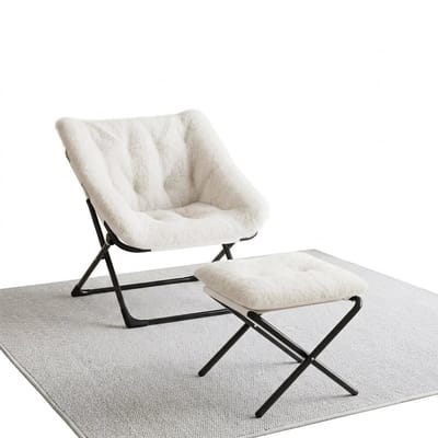 Archi Fauteuil met Voetenbank – Opvouwbare Teddy Loungestoel – Imitatiebont – Voor Woonkamer, Slaapkamer en Studentenkamer – Crèmewit