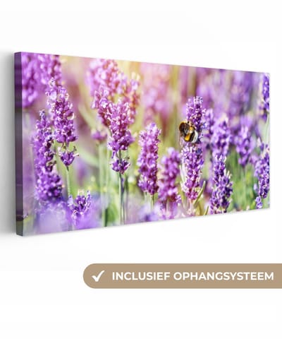 Canvas schilderij 40x20 cm - Wanddecoratie Lavendel - Bij - Bloemen - Natuur - Muurdecoratie woonkamer - Slaapkamer decoratie - Kamer accessoires - Schilderijen op canvas