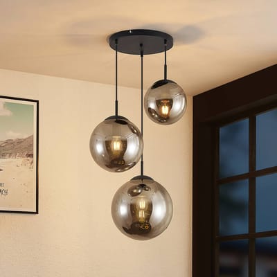 Lindby - hanglamp - 3lichts - Glas, staal - H: 30 cm - E27 - rookgrijs, zwart