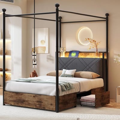 Hemelbed met Laden - Eenpersoonsbed Tweepersoonsbed - Slaapkamer Opbergen - Met LED en USB - 90x190 cm - Zwart
