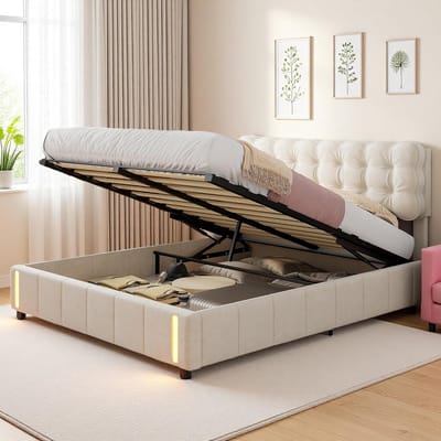 Tweepersoons Boxspring Bed met Hydraulische Opbergruimte en Sensor Nachtlampje (160x200 cm)