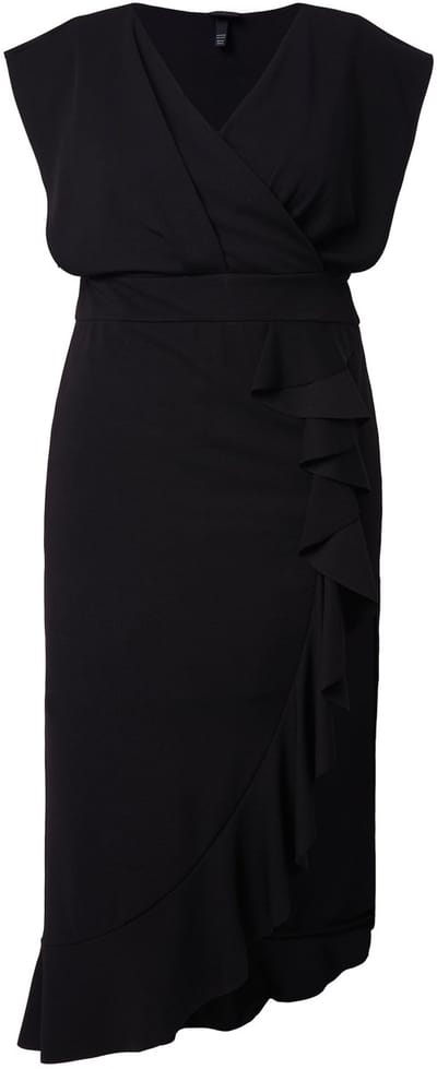 Ulla Popken - Dames - Jersey maxi-jurk ruche V-hals mouwloos - Zwart - Maat 54