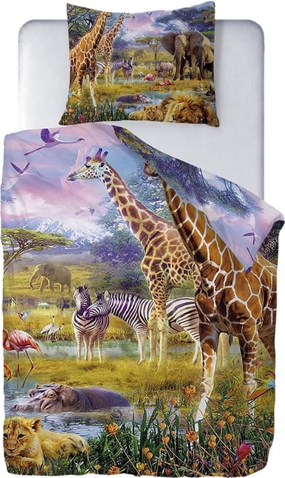 Ulticool Dekbedovertrek Safari Dieren Natuur 140x200 cm - Kussensloop 60x70 cm - voor Dekbed 1 Persoons Kamer Beddengoed Decoratie Slaapkamer Accessoires Kinderkamer Babykamer Kinderen Meisjes Peuter Flamingo Jongen