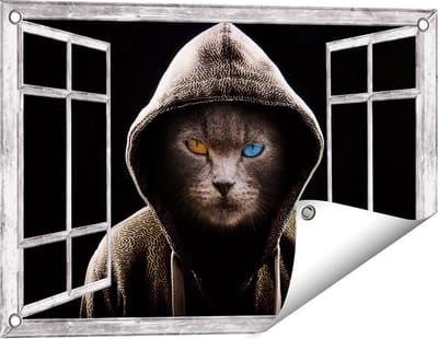 Gards Tuinposter Doorkijk Boze Kat Draagt een Hoodie - 60x40 cm - Tuindoek - Tuindecoratie - Wanddecoratie buiten - Tuinschilderij