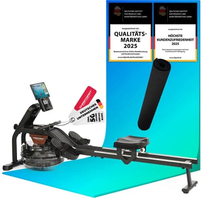 CHRISTOPEIT Roeitrainer Garda met waterweerstand – verhoogde zitting – Bluetooth – 120 kg incl. vloerbeschermingsmat