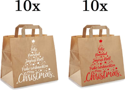 20 x Kerst Draagtassen Van Kraftpapier Met Platte Oren " Xmas White" en " Xmas Red" Take Away 26x17x25cm/ Kersttassen/ Kersttasjes / Kerst verpakking