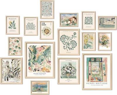 16 stuks saliegroen muurdecoratie, Matisse-prints, abstracte posters voor woonkamer en slaapkamer, vintage muurcollageset