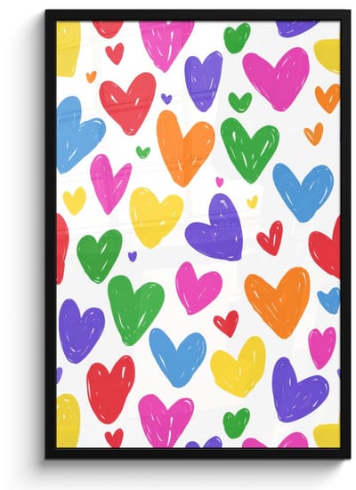 Poster in lijst - Fotolijst 60x90 cm - Posters - Hartjes - Patroon - Kleurrijk - Tekening - Posterlijst zwart - Decoratie - Wanddecoratie woonkamer - Muurdecoratie slaapkamer