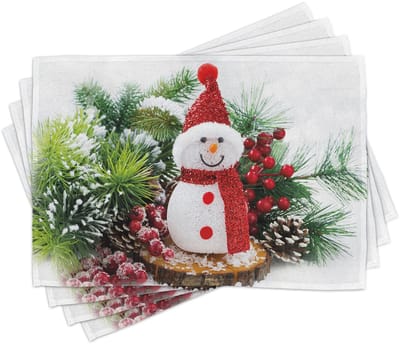 ABAKUHAUS Kerst-placemats, retro-groet en nieuwjaars-thema met sneeuwbedekte houtprint, tafeldecoratie van kleurvaste stoffen voor eetkamer en keuken, wit