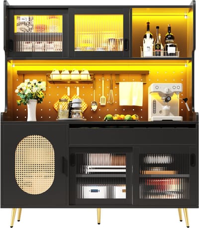 Buffetkast - 145 × 39 × 171 cm - Landelijke Stijl - 5 Deuren met LED en Fluted Glas - Hout - Zwart