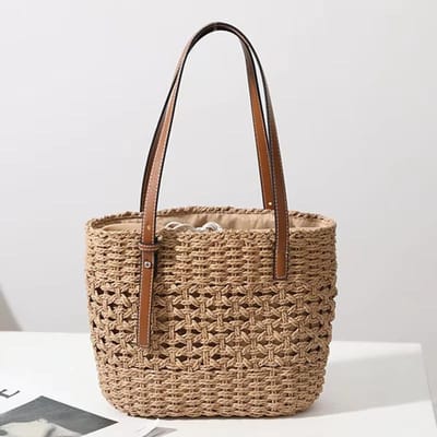 Sac Cabas Bohème Crocheted Paille Creuse Femmes Sangle PU Fermeture Cordon Doublure Sac d'Épaule Plage kaki