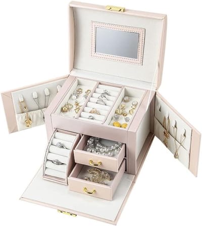 Sieradenkist Grote Organizer - Juwelendoos Opberger - Sieraden Opbergen - Met Ingebouwde Spiegel - 17.5 x 13 x 14 cm
